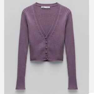 Zara ribbed knit cropped cardigan sweater in purple mauve wool blend
